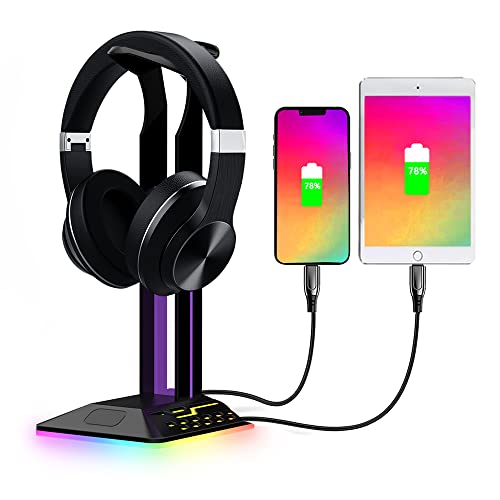 cymtkbr RGB Headphone Stand with 7 Light Modes, Headphone Holder with Type-c Input Port /2 USB Output Ports, Gaming Headset Stand with Non-Slip, Suitable for Gamer Gifts Earphones Accessories