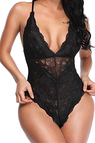 Aranmei Women's Sexy Lace Bodysuit Deep V Snap Crotch Teddy One Piece Lace Babydoll Lingerie