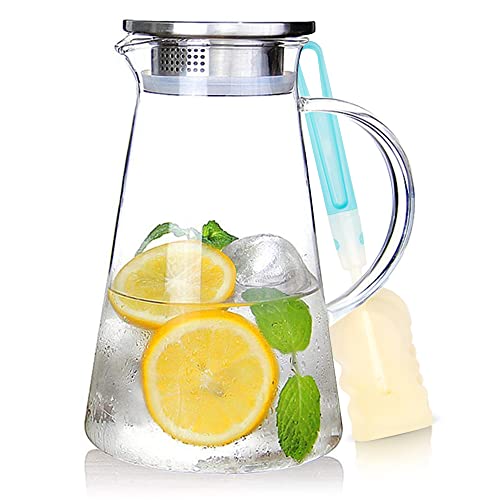 SUSTEAS 2.0 Liter 68oz Glass Pitcher with Lid, Easy Clean Heat Resistant Glass Water Carafe with Handle for Hot/Cold Beverages - Water, Cold Brew, Iced Tea & Juice, With 1 Long-Handled Brush Included