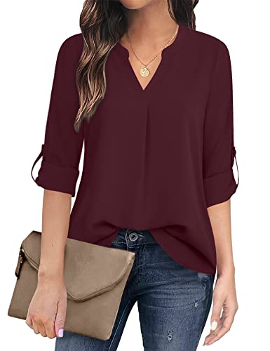Timeson Blouses for Women Business Casual,Long Ladies Dressy Tops Women's Dress Shirts for Work V Neck Chiffon Office Tops 3/4 Sleeve Tunics Tops for Women Fashion 2022 Polyester Shell Blouse