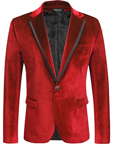 COOFANDY Men's Velvet Jacket Red Christmas Blazer One Button Holiday Velvet Suit Jacket Casual Sport Coat Red S