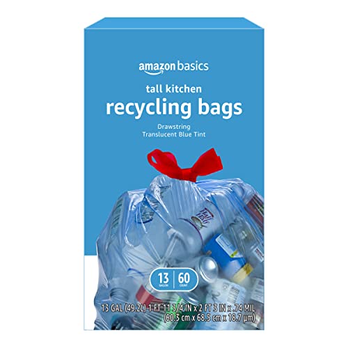 Amazon Basics Blue Recycling Trash Bags, Unscented, 13 Gallon, 60 count