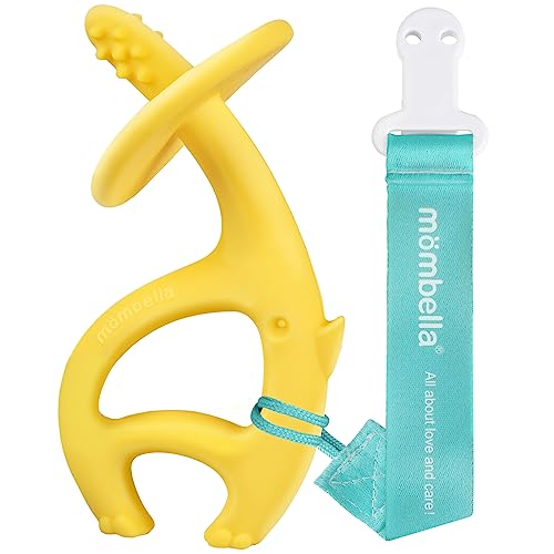 Baby Teething Toys for 3-6-9-12 Months with Strap to Clip, Mombella Dancing Elephant Silicone Teether & Toothbrush for Teeth Beginning & Eruption Period, Relieve Itch, Clean Tongue & Gum, Yellow