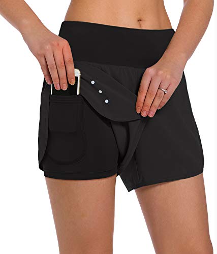 Ksmien Women's 2 in 1 Running Shorts - Lightweight Athletic Workout Gym Yoga Shorts Liner with Phone Pockets Black