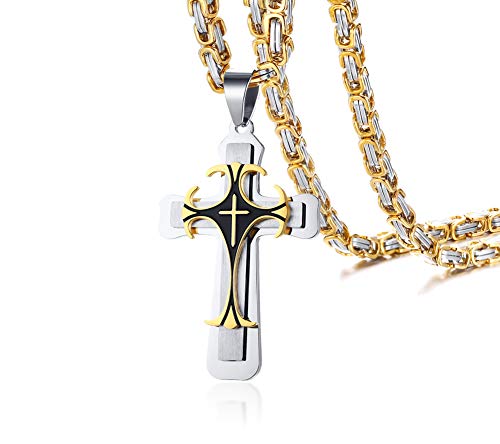 MEALGUET Stainless Steel Two-Tone Cross Pendant Necklace with Byzantine Chain for Men Boy