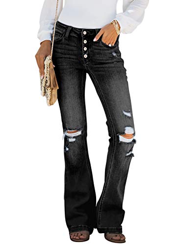 Sidefeel Women Button Up Bell Bottom Jeans Ripped Flare Fitted Denim Pants Size 6 Black