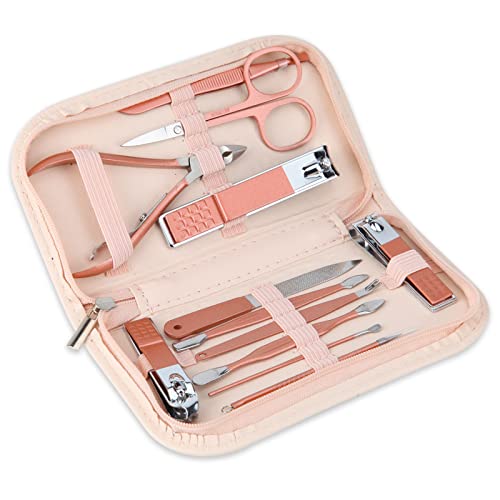 Nail Clippers and Beauty Tool Portable Set, Rose Gold Martensitic Stainless Steel Manicure Set 12 in 1, with Pink Leather Bag, Suitable for Home, Workplace, Outdoor Travel, Gift Giving, Salon.