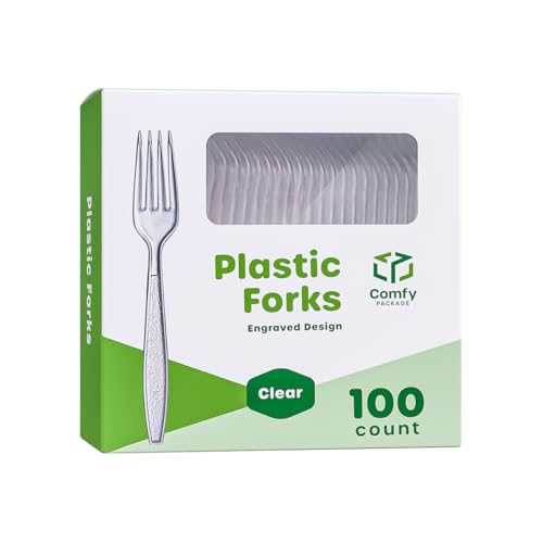 Comfy Package, [100 Pack] Heavyweight Disposable Clear Plastic Forks - Engraved Design