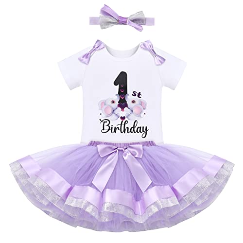 1st Birthday Outfits for Baby Girls Elephant Dress Up Princess Costume Romper+Rainbow Tulle Tutu Skirt+Flower Headband 3pcs Clothes Set First Fancy Party Cake Smash Photo Shoot Love-Purple 1Years