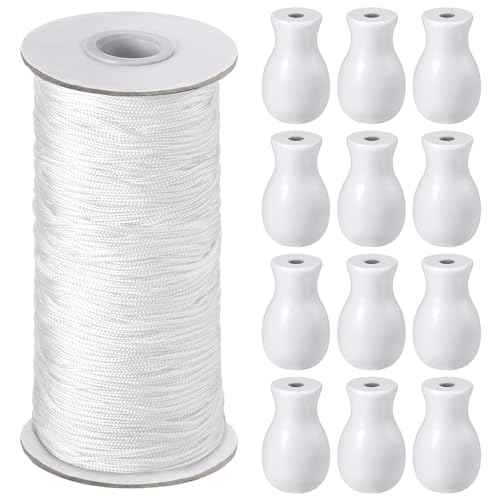 Windyun 109.36 Yards Roman Blind Cord 1.8 mm Braided Lift Shade Cord and 12 Pieces Wood Blind Pull Cord Knobs for DIY Roman Blind, Curtain Craft (White)