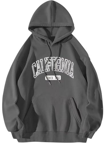 ORANDESIGNE Women's Oversized Graphic Hoodies Long sleeve Letter Print Drawstring Pullover Sweatshirts CALIFORNIA Grey Medium