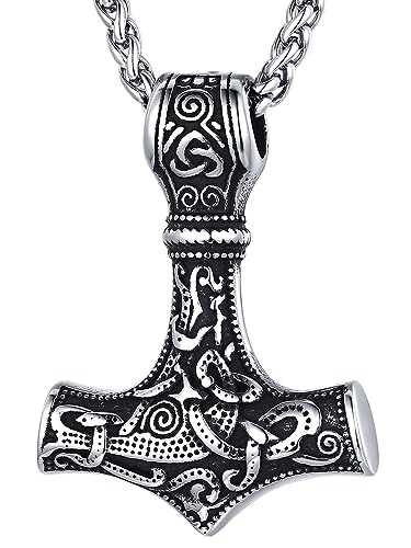 FaithHeart Thors Hammer Necklace for Men, Viking Jewelry Male Norse Mythology Amulet Stainless Steel Nordic Mjolnir Pendant with Sturdy Clasp Neck Chains Amulet for Boys-Silver