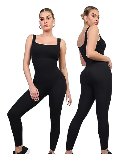 Popilush Jumpsuits for Women Built-In Sports Bra Ribbed Short Casual Summer Square Neck Rompers Sleeveless Yoga Outfits Workout Sets Black L