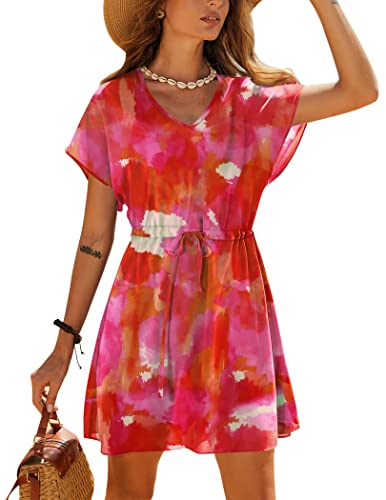 Ekouaer Womens Swim Cover Up Casual Bathing Suit Cover Ups Short Sleeve Summer Dress(Rose Tie Dye, Small)