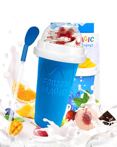 Slushy Maker Cup, DIY Magic Slushy Maker Squeeze Cup, Portable Smoothie Squeeze Cup for Juices, Milk and Ice Cream Make, Double Layers Silica Cup with Lid & Straw for Kids, Friends, Family (Blue)1