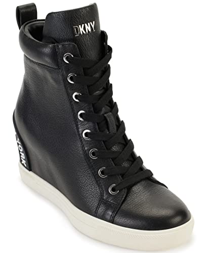 DKNY Women's Essential High Top Slip on Wedge Sneaker, Black/White, 8