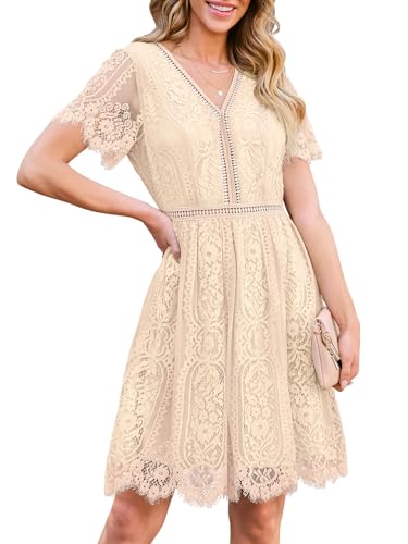 MEROKEETY Women's V Neck Floral Lace Wedding Dress Short Sleeve Cocktail Party Dress, Apricot, S