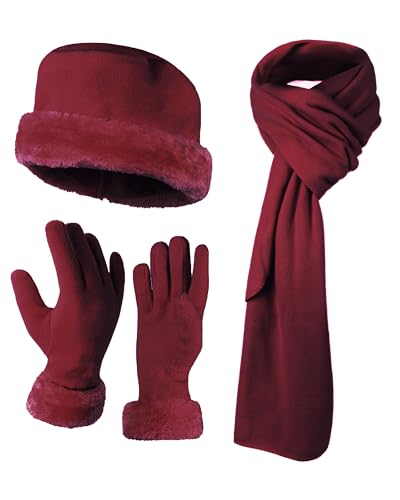 3 Pieces Set Matching Hat, Gloves and Scarf for Woman. Solid Colors - Burgundy