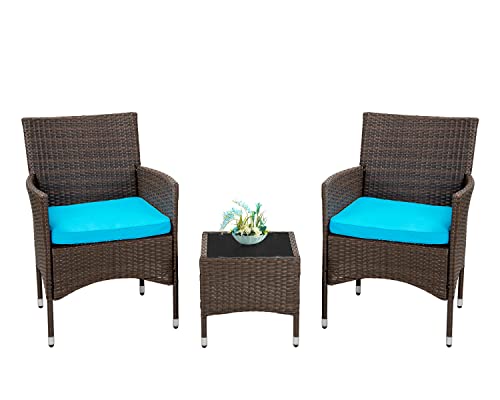 FDW Outdoor Patio Furniture Set，3 Pieces Wicker Bistro Set Outdoor Patio Set Rattan Chair Conversation Sets Patio Sofa Wicker Table Set for Yard Backyard Lawn Porch Poolside Balcony,Blue Cushion