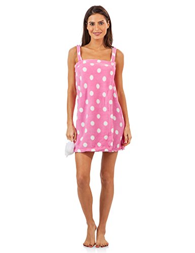 Casual Nights Women's Plush Fleece Shower Wrap Bathrobe With Soap Sponge - Pink Polka Dots - Small