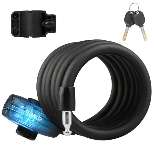 Titanker Bike Locks with Keys, Bike Lock Cable 6 Feet Coiled Secure Bike Cable Lock with Mounting Bracket, 1/2 Inch Diameter