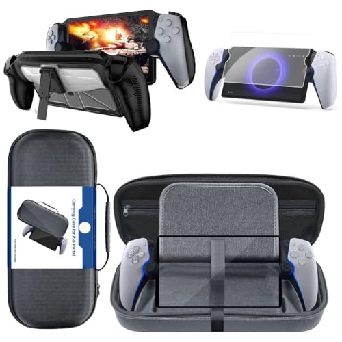 AZURAOKEY 3 In 1 Set Compatible with PS Portal Accessories, For PS5 Portal Console EVA Travel Carrying Case, 9H Hardness Tempered Glass Screen and Silicone Soft Grip Cover Case Protector