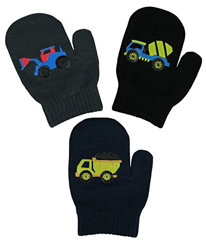 N'Ice Caps Toddler Baby Boys Girls Magic Stretch Mittens - 3 Pairs Assortment (2-4T, Trucks - Navy/Charcoal/Black Mittens)