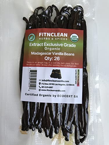 26 Organic Madagascar Vanilla Beans Extract Exclusive Grade B| 4.5' - 5.5' by FITNCLEAN VANILLA| Certified USDA Organic. Bulk Dry Whole Bourbon NON-GMO Pods