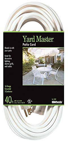 Woods Yard Master 992382 White Patio 40-Foot; 3-Pronged; 16 Gauge Extension Cord; 13 AMPS; 125 Volts; 1625 Watts; Ideal for Use with Outdoor Appliances; Decorative Lights and Holiday Displays