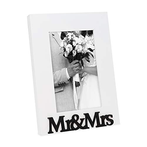 Isaac Jacobs White Wood Sentiments “Mr & Mrs” Picture Frame, 4x6 inch, Newlywed Photo Gift for Wedding, Display on Tabletop, Desk (White, 4x6)