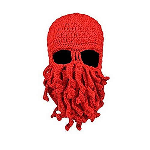 Gawertoy Octopus Beard Hat, Octopus Beanie Hat, Funny Tentacle Octopus Hat Squid Hat Winter Warm Knit Hat Windproof Biking Skiing Face Mask for Men & Women Costume Accessories (Red)
