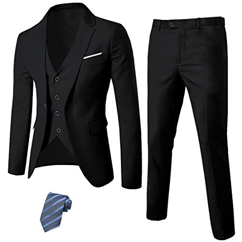 MYS Men's 3 Piece Slim Fit Suit Set, One Button Solid Jacket Vest Pants with Tie Black