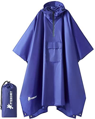 PTEROMY Hooded Rain Poncho for Adult with Pocket, Waterproof Lightweight Unisex Raincoat for Hiking Camping Emergency (Blue 1/4 Zipper)