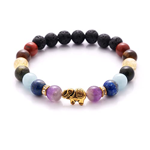 BERGERLIN 7 Chakra bracelet with natural stone and lava stone pearls - Seven Chakra bracelet with Elefant