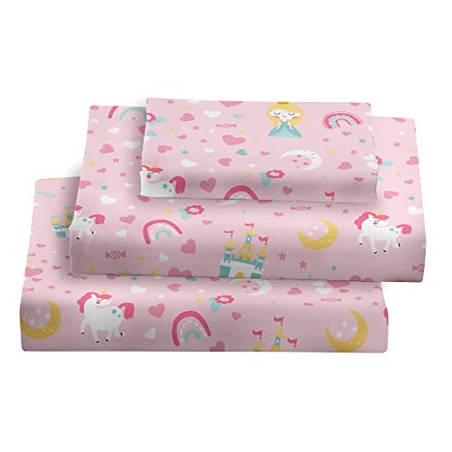 Viviland Kids Twin Sheet Set - Girls Blush Pink Twin Sheet Set - Kids Toddlers Twin Microfiber Fitted Sheets - Girls Sheet Unicorn Princess Rainbow Printed
