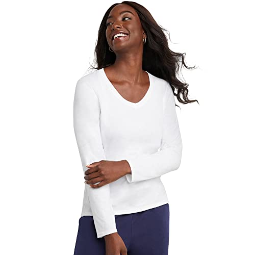 Hanes Women's Originals Long Sleeve Cotton T-shirt, Lightweight V-neck Tee, Modern Fit, White, Medium