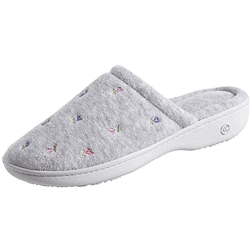 isotoner Women's Signature Terry Floral Embroidered Clog Slipper, Heather Grey, 9.5-10