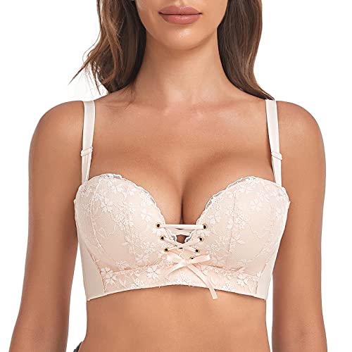 FallSweet Add Two Cup Lace Bras for Women Push Up Wirefree Brassiere(Beige,32A)