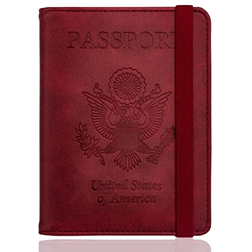 WALNEW RFID Passport Holder Cover Wallet for Women Men, PU Leather Card Holder Passport Case Travel Essentials for Family Vacation, Red