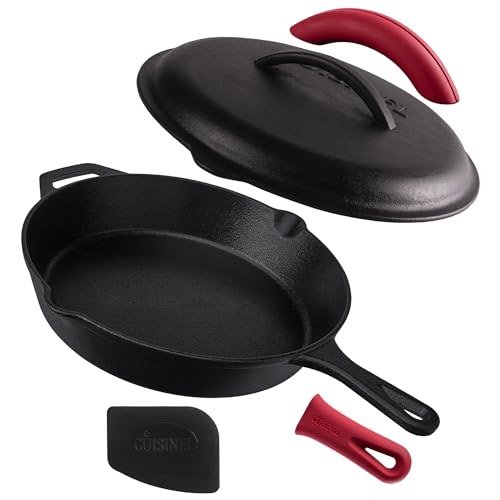 Cuisinel Cast Iron Skillet with Lid - 12'-inch Pre-Seasoned Covered Frying Pan Set + Silicone Handle & Lid Holders + Scraper/Cleaner - Indoor/Outdoor, Oven, Stovetop, Camping Fire, Grill Safe Cookware