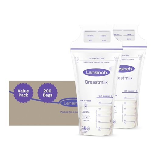 Lansinoh Milk Storage Bags, 200 Count Value Pack, Easy to Use Breast Milk Storage Bags for Feeding, Presterilized, Hygienically Doubled-Sealed for Refrigeration and Freezing, 6 Ounce