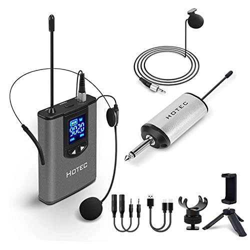 HOTEC UHF Wireless Headset Microphone/Lavalier Lapel Mic with Bodypack Transmitter and Mini Rechargeable Receiver 1/4' Output for Vlogging or Speech