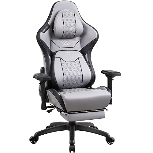 Dowinx Big and Tall Gaming Chair with Footrest, High Back Ergonomic Office Chair with Comfortable Headrest and Lumbar Support, 4D Armrests Computer Chair for Adults, Pu Leather, Grey