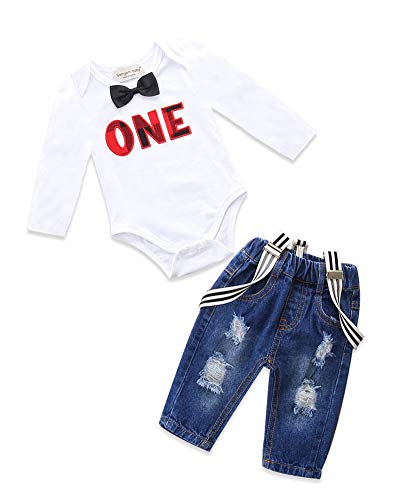 Pinleck Toddler Baby Boy Birthday Clothes Set Bowtie Romper Suspenders Ripped Denim Pants Outfits (1st Birthday-White-1Long, 12-18 Months)