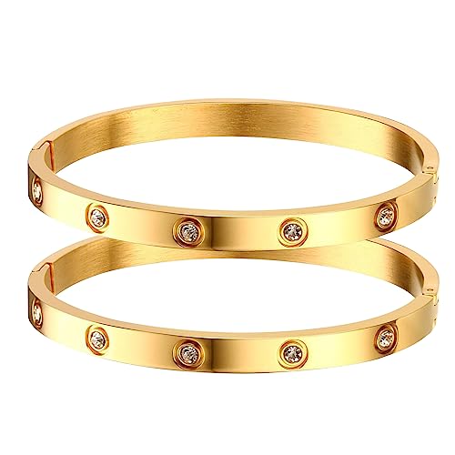 Bracelets for Women - 2Pcs 18K Gold Plated Love Cubic Zirconia Bangle Crystal Friendship Bracelet Jewelry,Wedding Party Christmas Valentine's Day Birthday Gifts for Her Girlfriend Sister Daughter