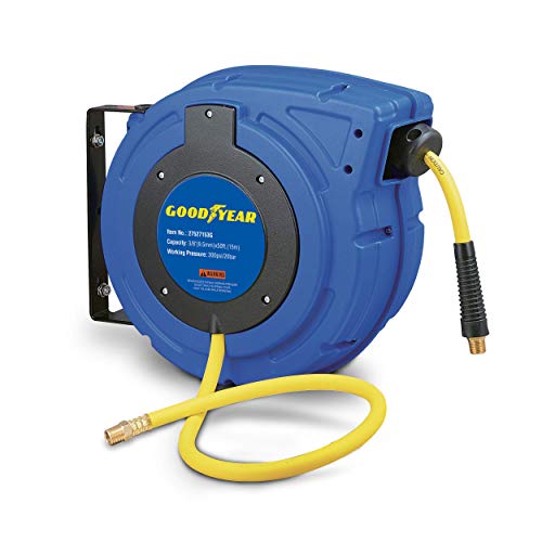 Goodyear Air Hose Reel Retractable 3/8' Inch x 50' Foot Hybrid Polymer Hose Max 300PSI Commerical Polypropylene Construction