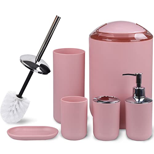 CERBIOR Bathroom Accessories Set 6 Piece Bath Ensemble includes Soap Dispenser, Toothbrush Holder, Toothbrush Cup, Soap Dish for Decorative Countertop and Housewarming Gift (Pink)