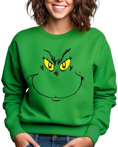 Asher's Apparel Funny Christmas Crewneck Sweatshirt | Ugly Christmas Sweater | Grinch Face Sweatshirt | Adult Unisex Sizing (Small, Grinch Green)