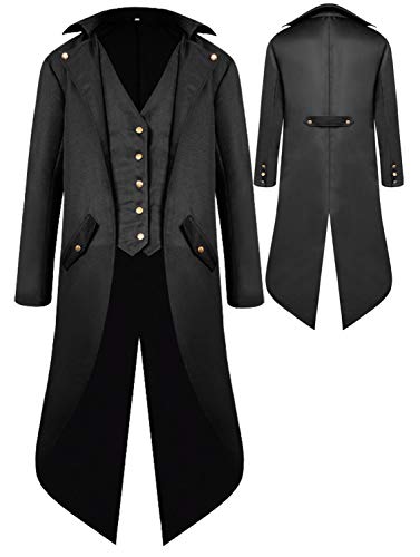 Renaissance Steampunk Tailcoat Halloween Costumes for Boys, Medieval Pirate Vampire Victorian Jacket Vintage Frock Coat Children Kids (Black, M (US: 8-10))