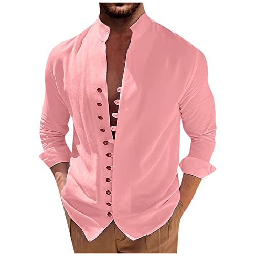 Mens Casual Linen Button Down Shirts Regular Fit Long Sleeve Beach T-Shirts Tropical Breathable Solid Tops (B-Pink, X-Large) Linen Shirts for Men Mens Long Sleeve Button Down Shirts